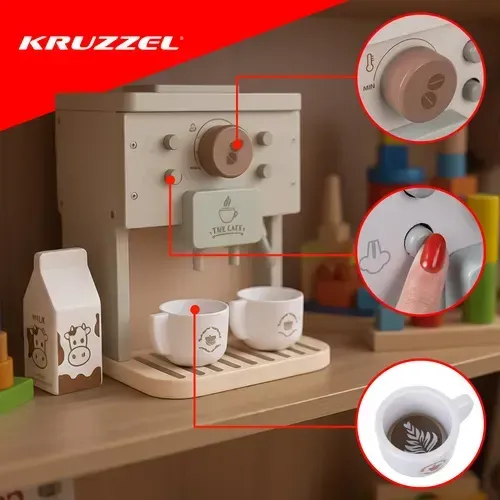 Espressor din lemn pentru copii pentru bucătăria de jucărie, set de 8 piese cu 2 cești, cutie de lapte și 4 capsule