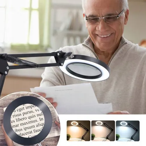 Černá stolní lupa s LED osvětlením 12W, zvětšení 3x, kloubové rameno 65cm, 2700-6500K, 10 stupňů jasu