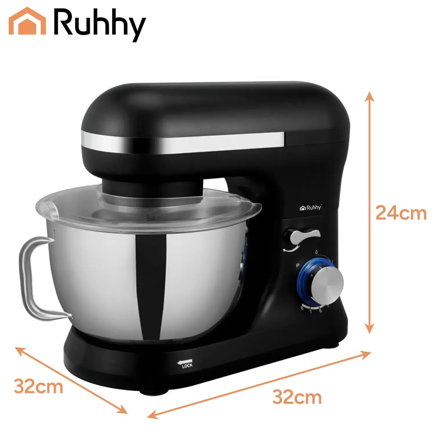 Černý planetární kuchyňský robot 1000W s mísou 4,5l, 8 rychlostí, kovový pohon, hák, metla, míchadlo, zdobička, 9v1