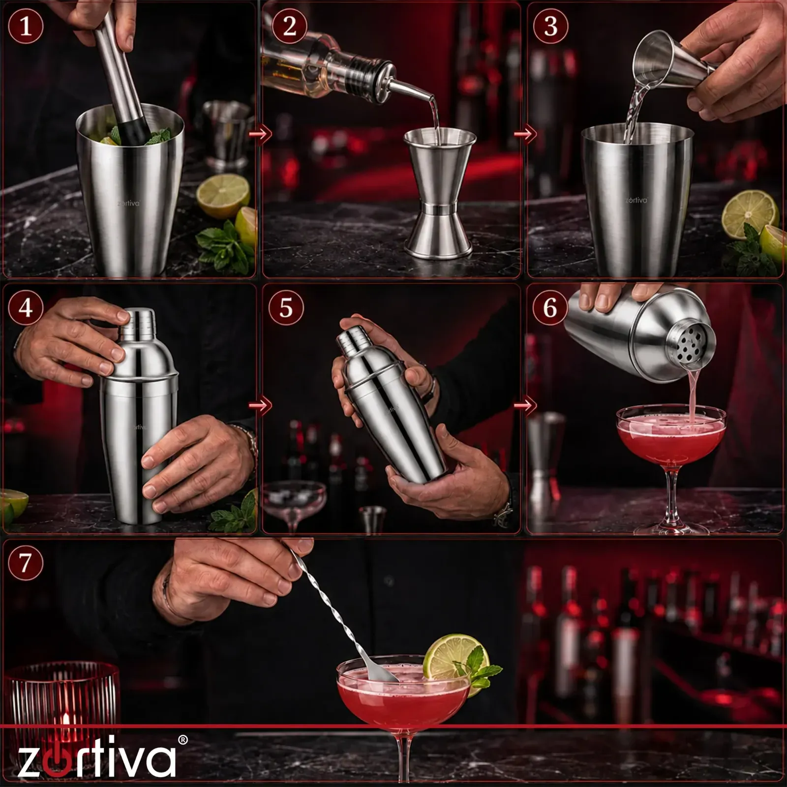 Ezüst bártender koktélkészítő szett 6 az 1-ben, 700 ml-es rozsdamentes shaker szűrővel, 15/30 ml-es mérce, muddler, kanál, 2 kiöntő