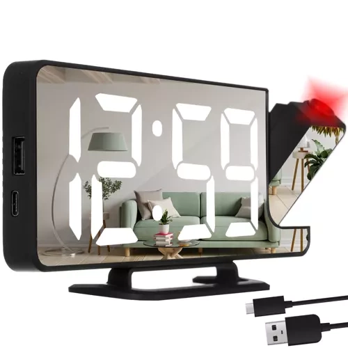 Ceas deșteptător digital 4-în-1 cu proiector, oglindă și iluminare LED, 5 niveluri de luminozitate