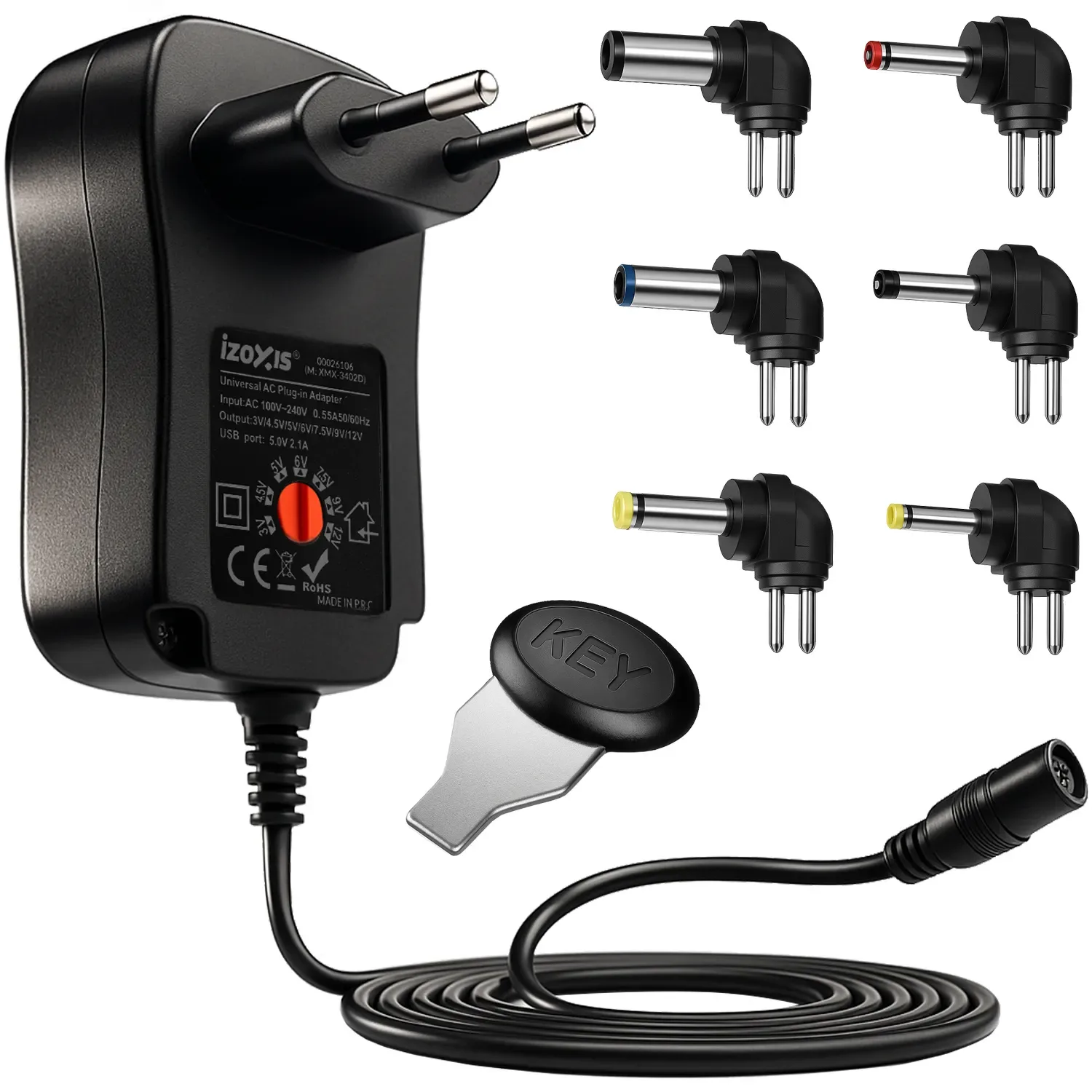 Sursă de alimentare universală neagră 30 W cu tensiune reglabilă 3–12 V, USB și 6 conectori